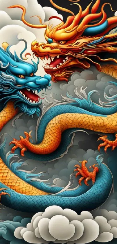 Colorful dual dragon wallpaper with vibrant blue and orange hues, artistic style.