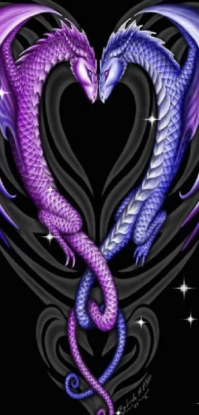 Dragon art with purple and blue dragons forming a heart on a dark background.