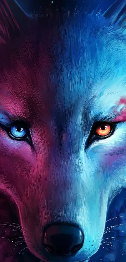 Dual-eyed wolf in vibrant blue and red hues for mobile wallpaper.
