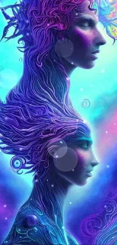 Vibrant, surreal digital art of two faces.