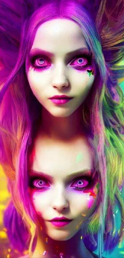 Vibrant dual faces in purple fantasy art mobile wallpaper.