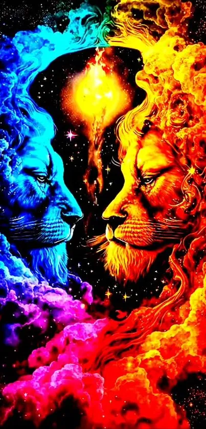 Vibrant cosmic lion artwork in dual colors for mobile wallpaper.