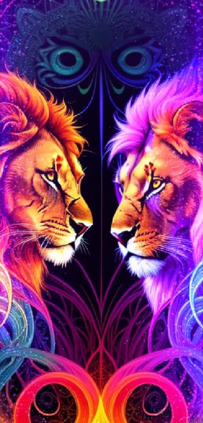 Vibrant neon dual lions with colorful swirls, perfect phone wallpaper decor.