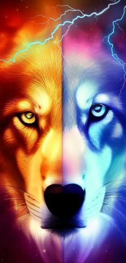 Dual lion wallpaper with orange and blue cosmic colors and lightning effects.