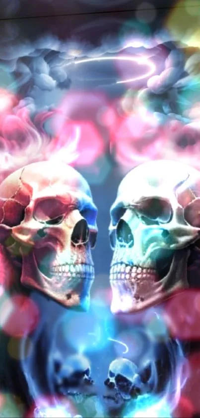 Vibrant dual skulls with neon colors.