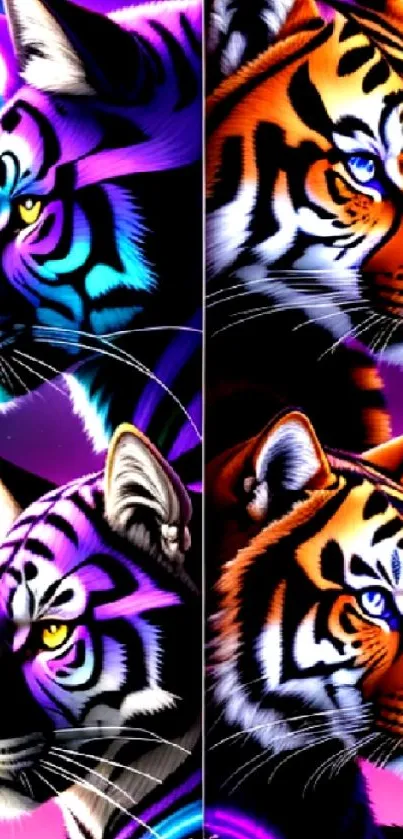 Colorful wallpaper featuring artistic neon tigers.