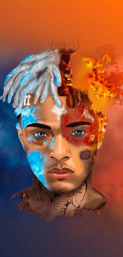 Dynamic dual-tone artwork with face split in blue and orange hues.