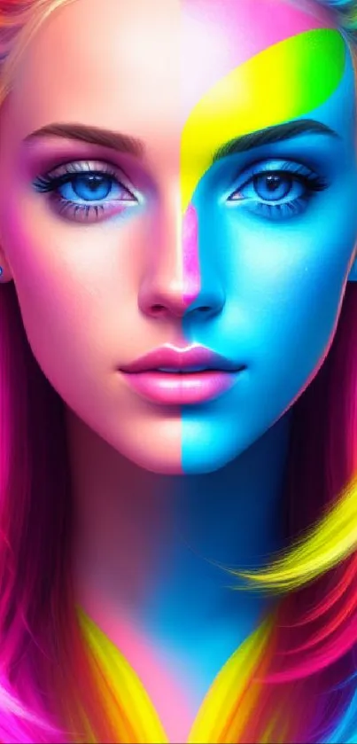 Vibrant dual-tone artistic portrait with bright colors and electric hues.