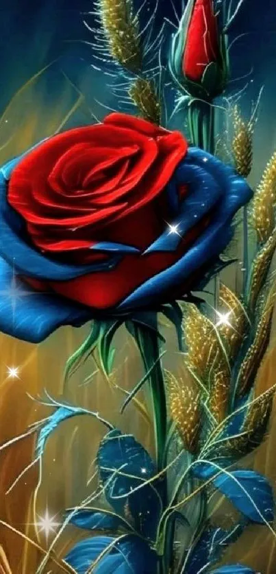 Vibrant red and blue rose on mobile wallpaper.