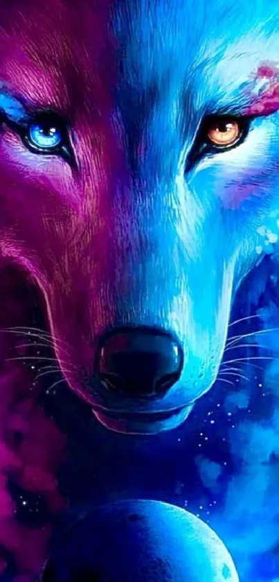 Vibrant dual-tone wolf art wallpaper for mobile devices.