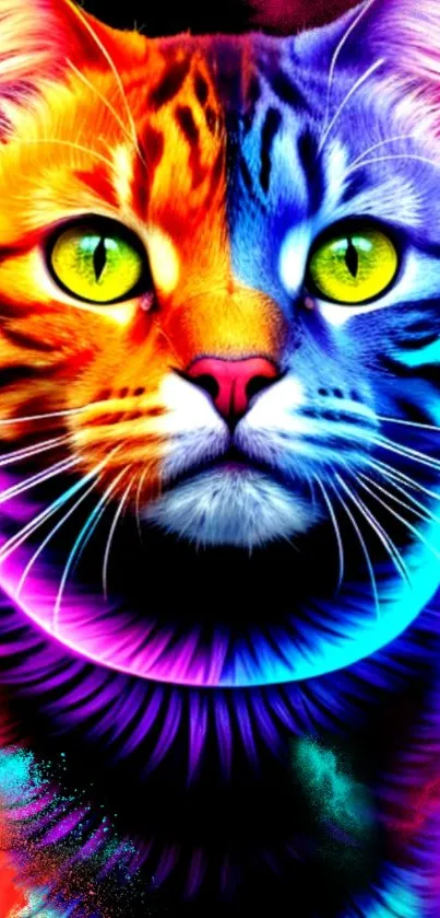 Vibrant neon cat artwork for mobile wallpaper, featuring dual-toned colors.