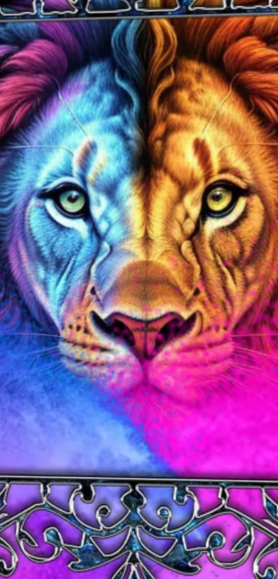 Vibrant dual-toned lion artwork in pink and blue hues.