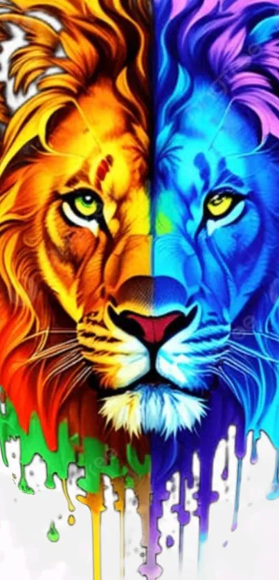 Vibrant dual-toned lion digital art with bold colors and symmetry.