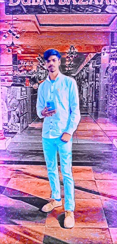 Person standing in vibrant, colorful Dubai Bazaar with artistic tones.