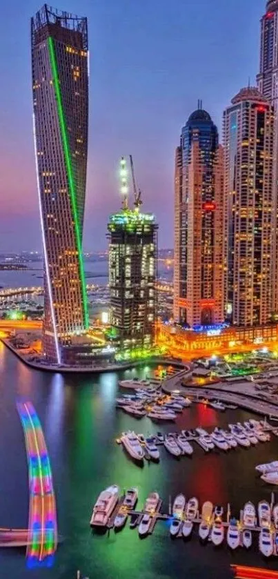 Vibrant Dubai skyline with colorful marina and skyscrapers at dusk.