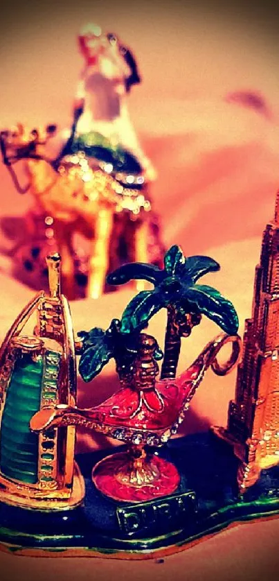 Vibrant Dubai souvenirs with landmarks and colors.