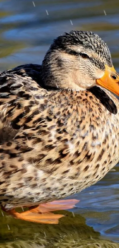 A vibrant duck swimming peacefully in clear, shimmering water.
