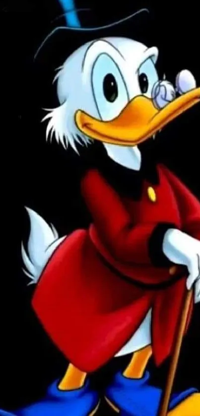 Cartoon duck in red coat and blue shoes wallpaper.