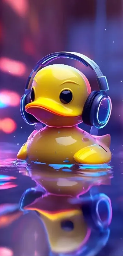 Cute rubber duck with headphones on neon background.