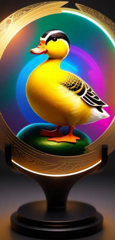 Duck in golden sphere with vibrant colors and artistic design.