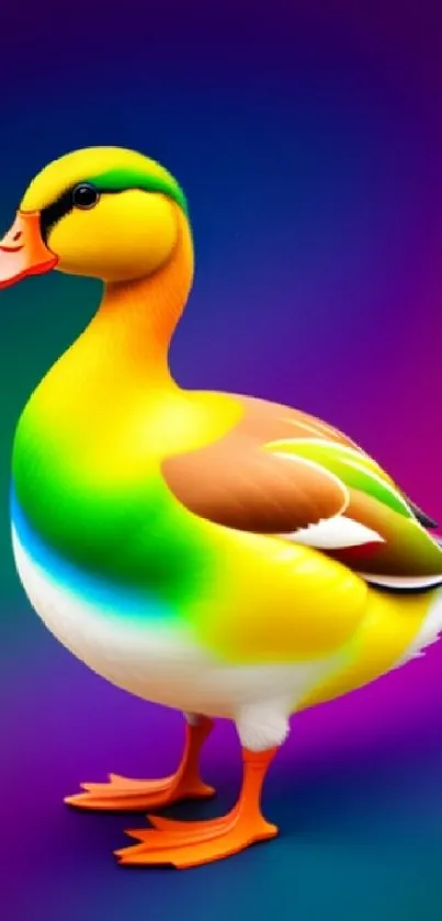 Vibrant duck wallpaper with colorful gradients on a purple background.