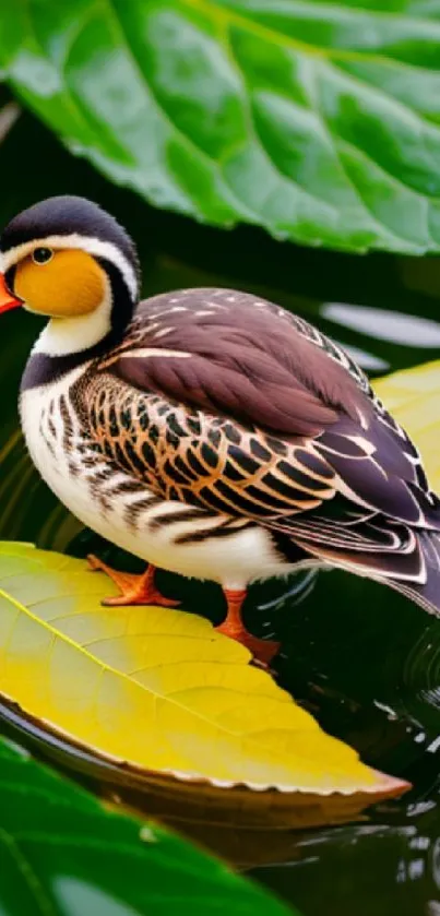 A colorful duck resting on vibrant leaves in a tranquil pond.