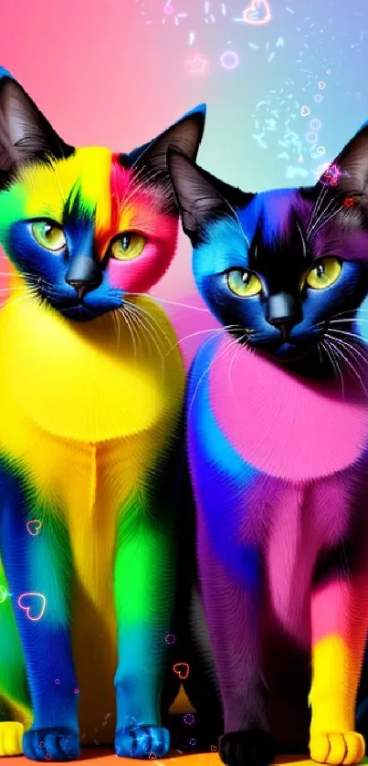 Vibrant cats in rainbow colors on phone wallpaper.