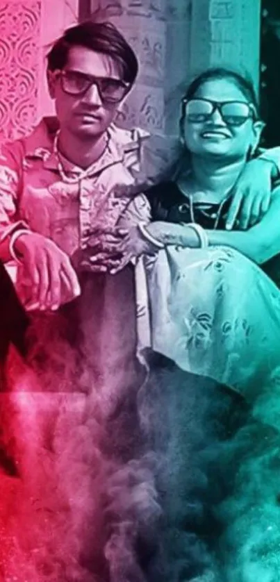 Vibrant duo with colorful smoke background.