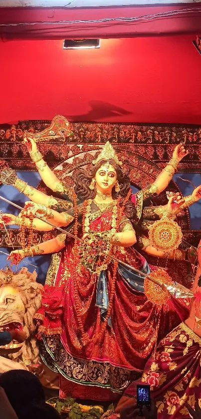 Intricate Durga Puja statue with vibrant colors and traditional artistry.