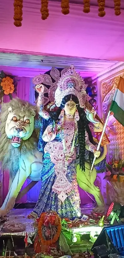 Vibrant depiction of Goddess Durga with colorful attire and traditional elements.