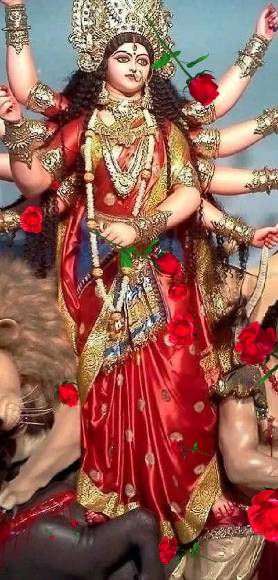 Colorful image of Goddess Durga with a lion and ornate decorations.