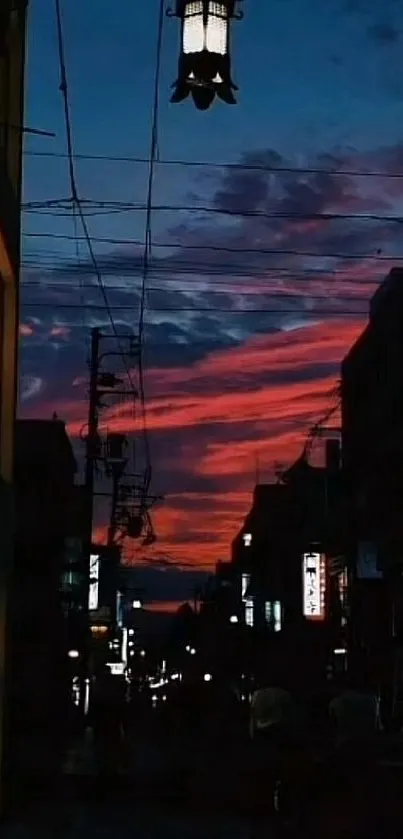 Vibrant dusk city street scene with colorful sunset hues.