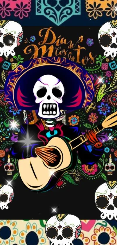Vibrant Día de los Muertos skeleton playing guitar with colorful motifs.