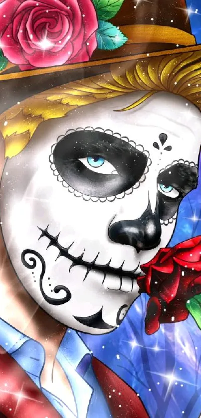 Colorful Día de los Muertos wallpaper with vibrant face art and roses.