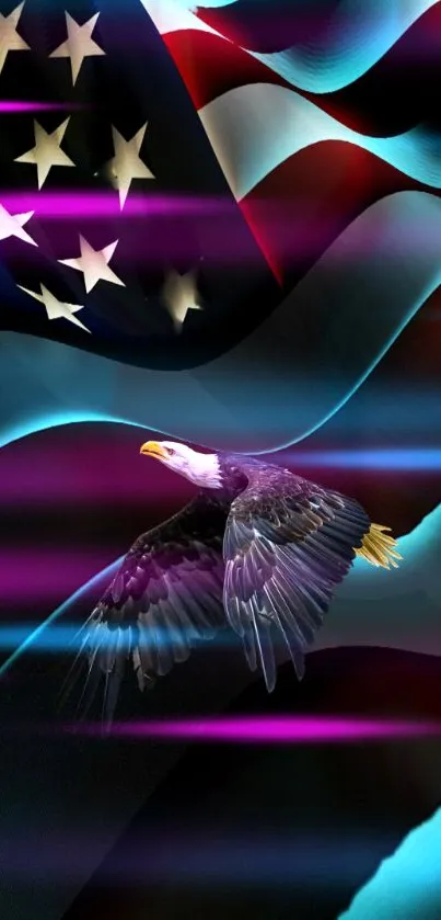 Soaring eagle with American flag in vibrant colors.