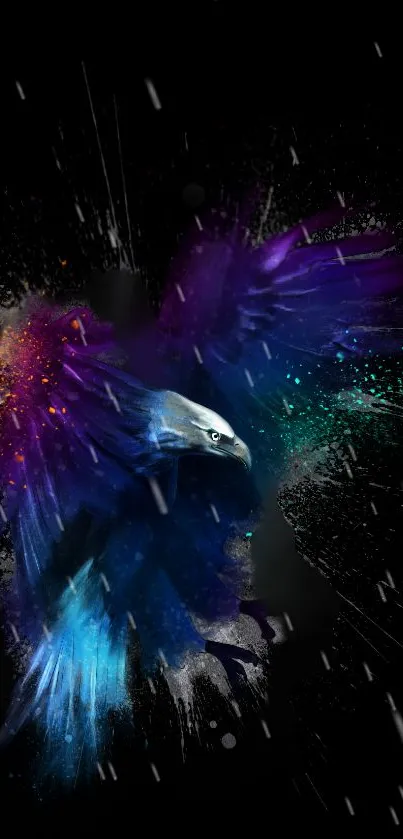 Vibrant eagle in cosmic colors on a black background, digital art wallpaper.