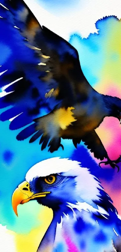 Majestic eagles in vibrant watercolor art on mobile wallpaper.