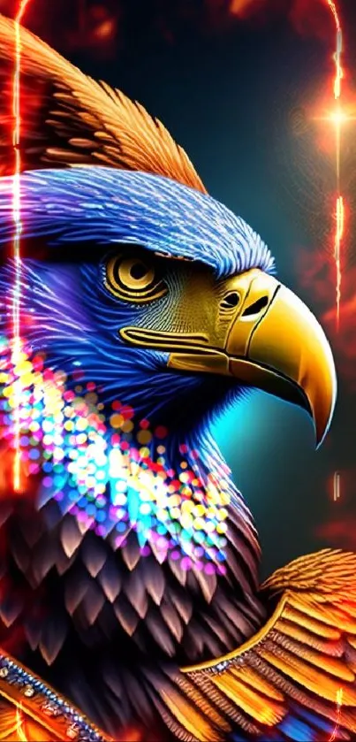 Vivid eagle art with blue and gold colors.