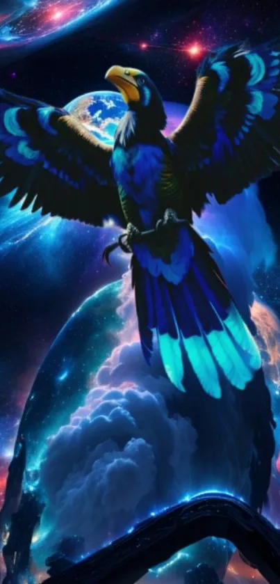 Eagle soaring in a neon cosmic background.