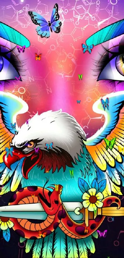 Vibrant fantasy design with eagle and butterflies