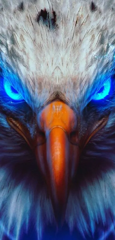 Eagle with vibrant blue eyes and intense gaze on smartphone wallpaper.