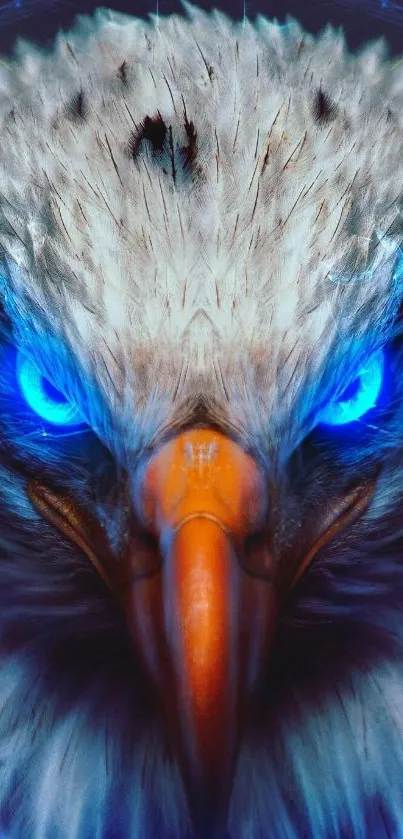 Majestic eagle with glowing blue eyes in a vibrant mobile wallpaper.