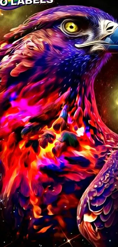 Vibrant fantasy art of an eagle with fiery colors and cosmic background.