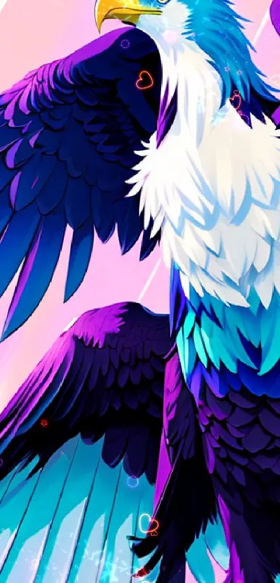 Colorful eagle illustration with blue and purple tones on a pink background.