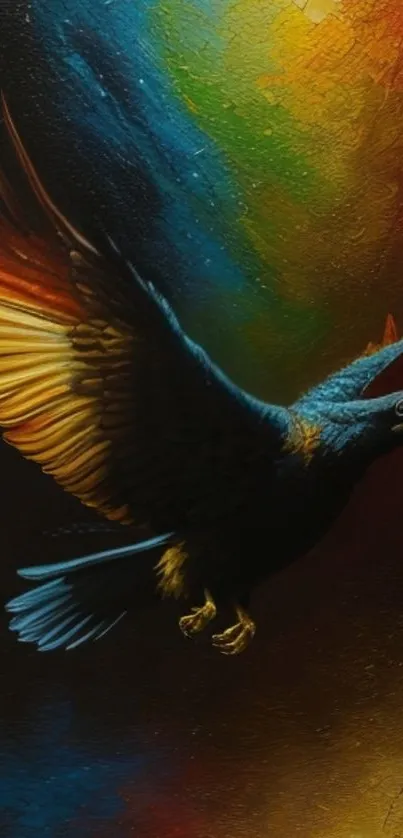 Vibrant eagle flying with colorful background.