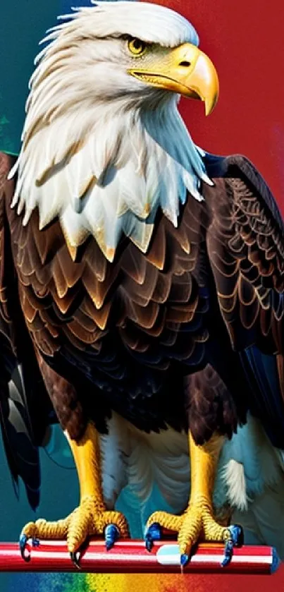 Majestic bald eagle on colorful background wallpaper.
