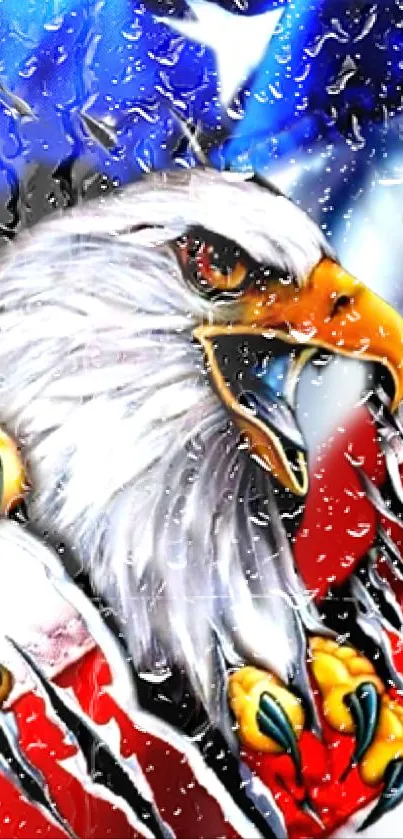 Fierce eagle with raindrops on vibrant red, white, and blue background.