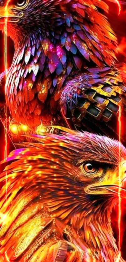 Fiery illustration of vibrant eagles in red hues with detailed feathers.