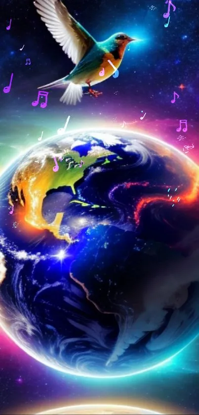 Colorful cosmic wallpaper with Earth and bird soaring above.