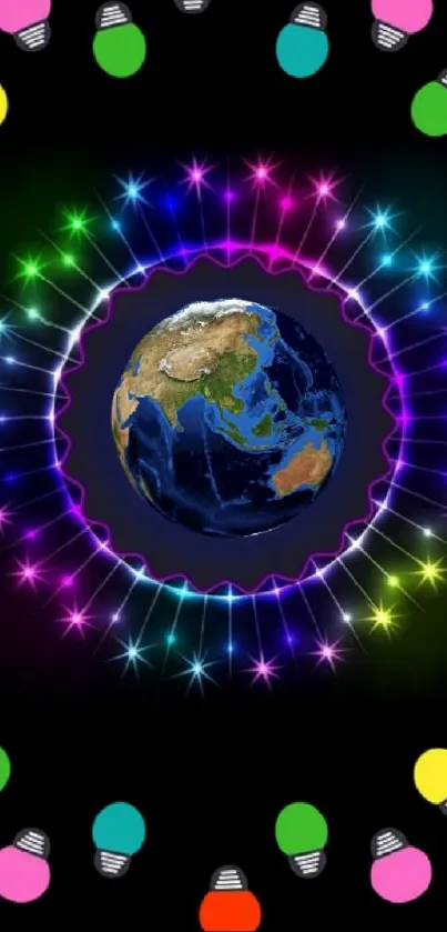 Vibrant wallpaper of Earth with neon lights.